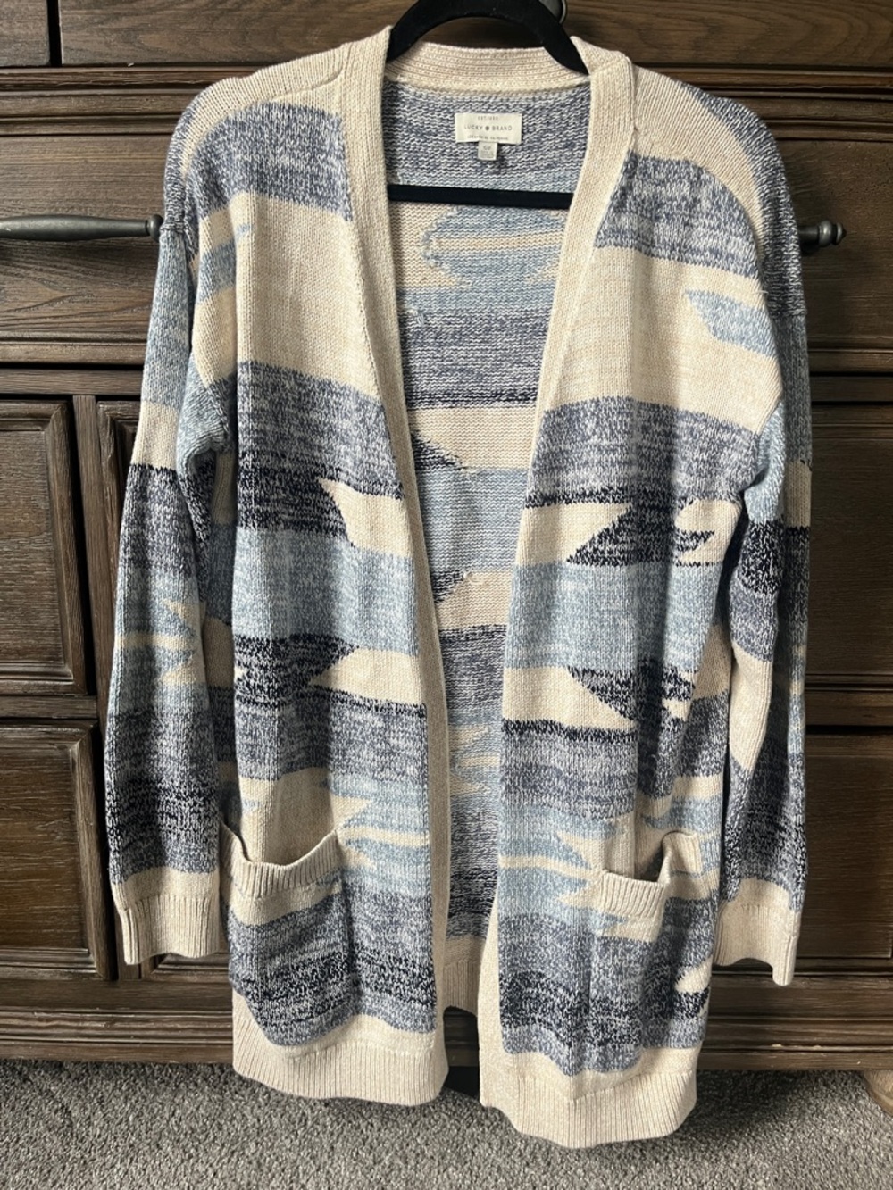 Lucky Brand Cozy Open-Front Blue & Cream Patterned Cardigan Sweater